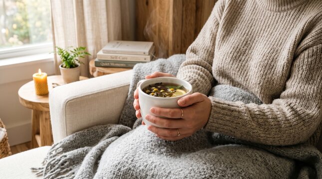 Woman relaxing with hot herbal tea and self-care books by window, cozy home atmosphere for mental wellness and tranquility