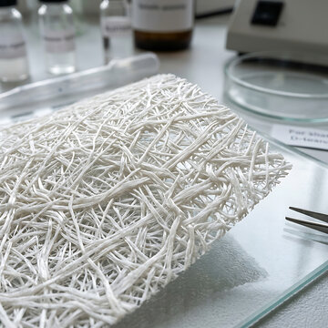 Fiberglass mesh sample being prepared for material testing analysis in a modern scientific laboratory research facility
