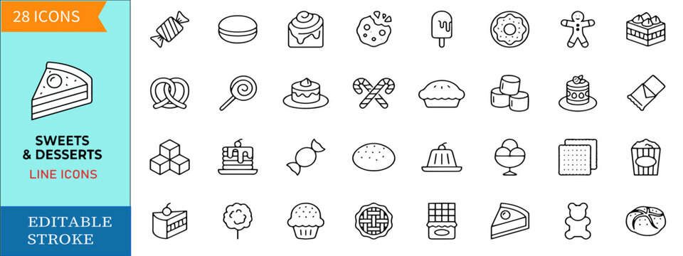 Sweets and desserts line icon set featuring bakery cake pastry ice cream candy chocolate donut confectionery vector linear symbols editable stroke
