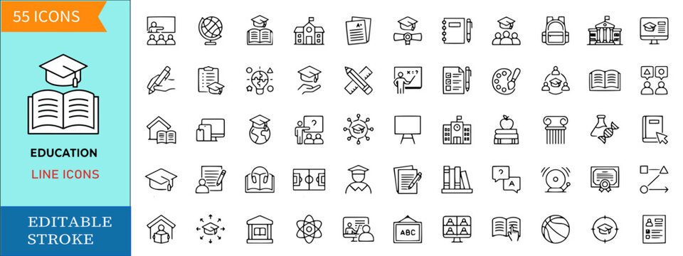 Education line icon set featuring school supplies academic study university graduation hat vector symbols and online learning linear web elements editable stroke