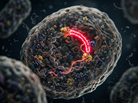 Microscopic 3D rendering of bacterial cell cross section revealing internal plasmid