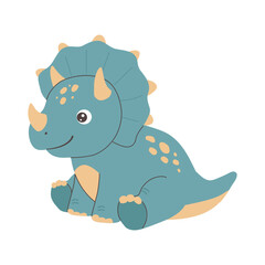 Charming sitting triceratops baby dino flat svg graphic isolated on white. Ideal design element for kids room decoration, baby shower invitations, and craft projects. © Elena