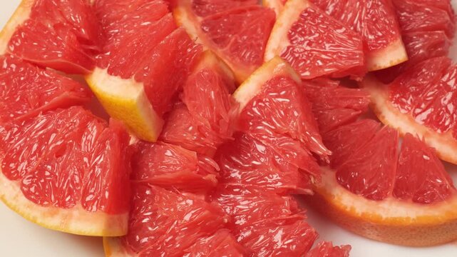 Sliced red grapefruit rotating on white background