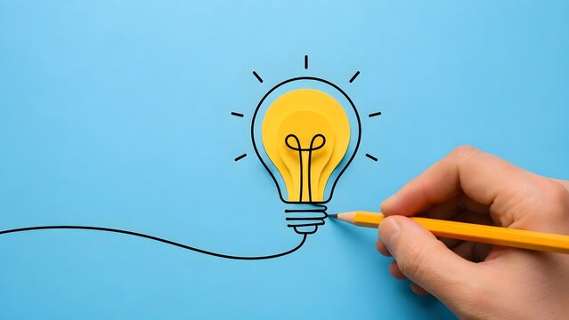 Creative problem solving concept showing hand drawing bright lightbulb representing business innovation and strategic brainstorming.