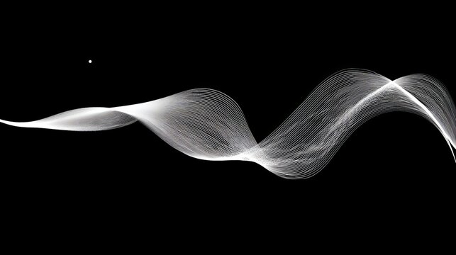 Minimalist white sound wave on black background, abstract audio visualization, simple one line waveform, clean modern design, high contrast, digital music concept, elegant and contemporary layout