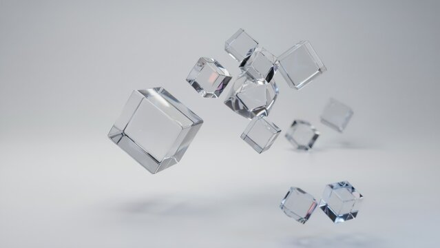 Floating transparent glass cubes on a soft grey background