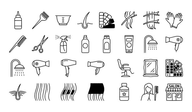 Hair coloring outline icon set with dye brush salon shower highlights and beauty symbols
