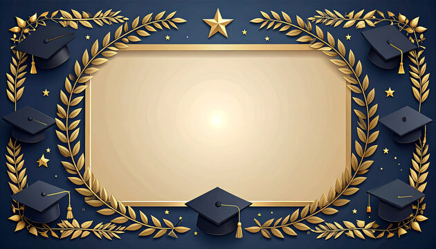 3D render graduation certificate frame with golden laurel wreath mortarboard caps and stars for diploma award design