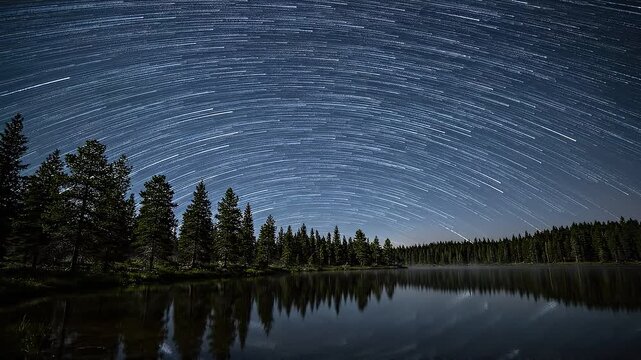 Star trails spinning over forest lake and trees at night