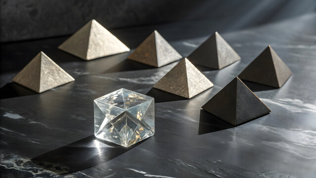 Transparent glass cube standing out among stone pyramids on dark marble background