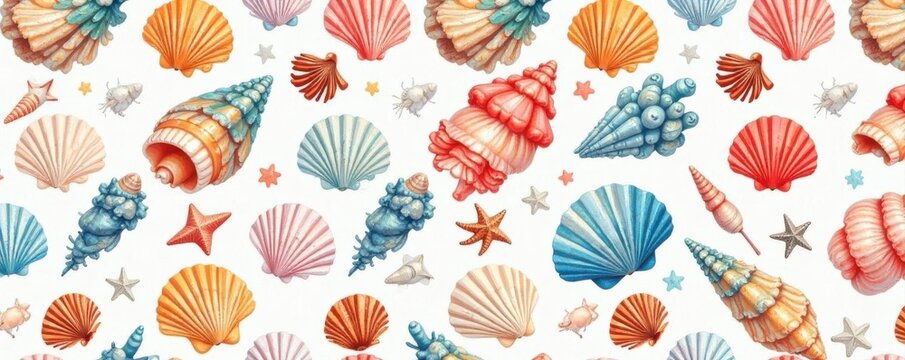 Whimsical seashell repeat pattern Ideal for summer stationery and prints , water, doodle, tropical