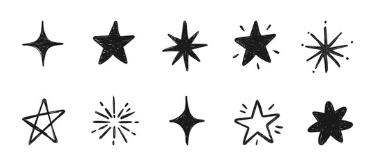 Fototapeta premium Hand drawn star doodles and sketchy sparkle shapes. Pencil line, burst stars, and cute hand-drawn elements bring a playful texture to every design.