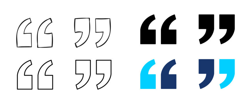 Quotation marks icon set. Quote, text, and message symbols in hand-drawn, outline, solid, and colored styles.