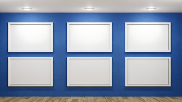 Modern blue gallery wall mockup with six blank white picture frames, interior