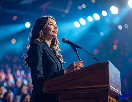 Confident woman delivering an inspiring speech at a podium in a large auditorium