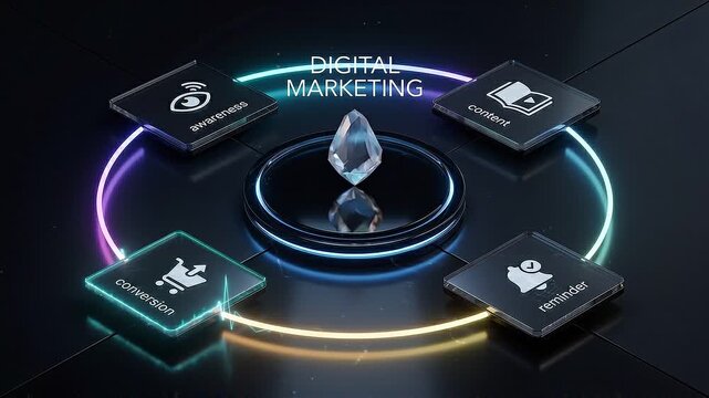Digital marketing concept animation with glowing icons and arrows