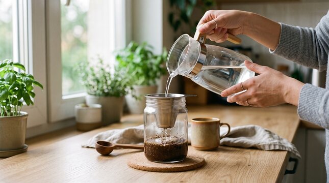 Hands Pouring Water for Home Cold Brew Coffee Setup