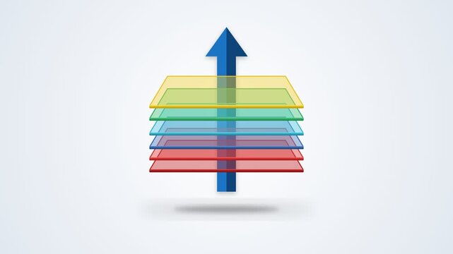 Abstract Concept of Growth and Progression with Blue Arrow Passing Through Colorful Transparent Layers