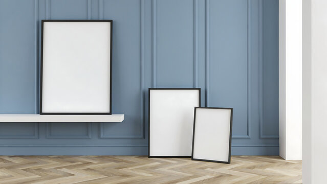Empty picture frames mockup leaning against blue paneled wall with pictures