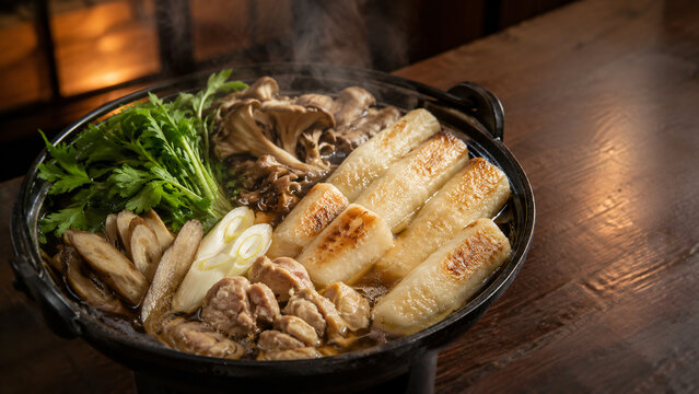 Japanese Kiritanpo Nabe Rice Stick Hot Pot with Chicken and Mushrooms

