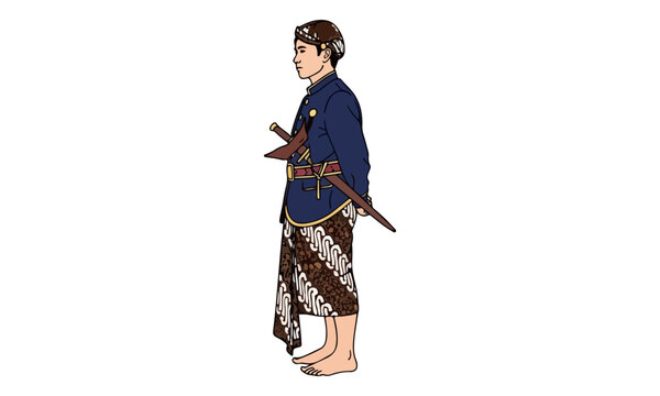 Javanese Man in Traditional Batik Beskap Attire Holding Keris