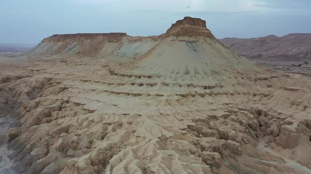Aerial view of the rugged landscape and geological formations of Mount Zin in the Negev desert near Yeruham, South District, Israel.