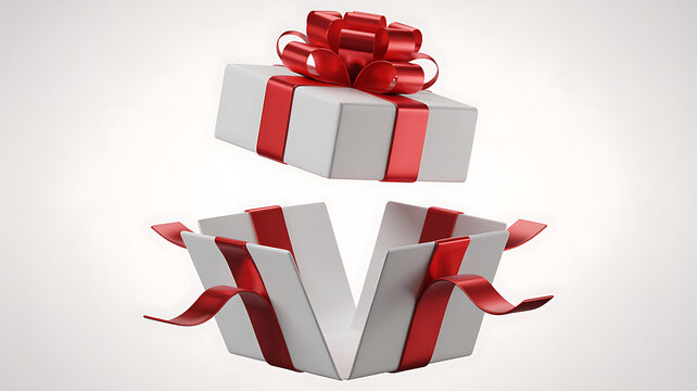 White gift box with a red ribbon and bow opening up to reveal a surprise against a clean minimalist