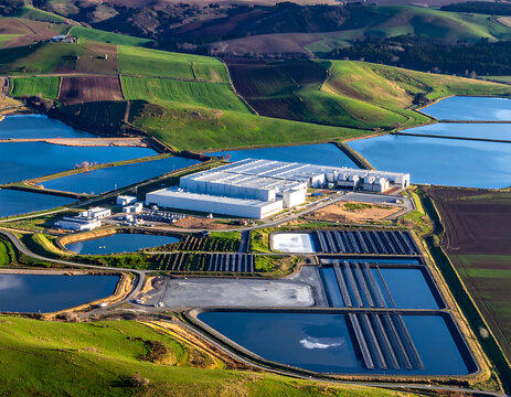 An aerial view of a large modern data center complex surrounded by rural landscape and drainage ponds.
