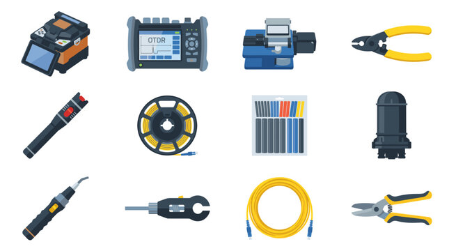Fiber optic tools set for network installation splicing and testing isolated on white