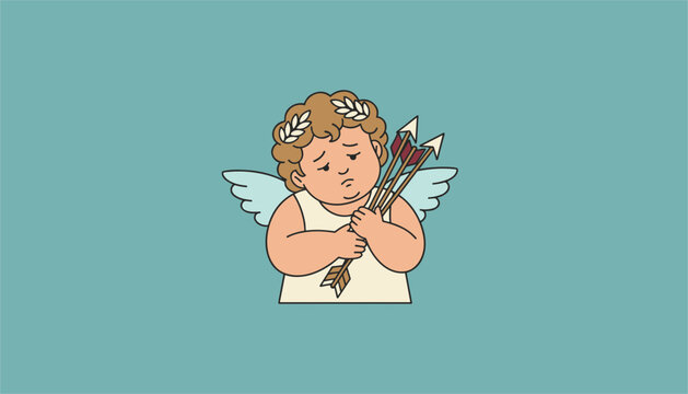 Sad little cupid angel holding a bundle of arrows with a disappointed expression, isolated on a light blue background.