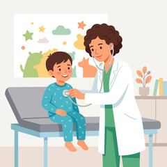Obraz premium Pediatrician examines a happy child with a stethoscope, illustrating healthcare and well-being in a children's clinic.