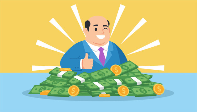 Rich businessman in a blue suit giving a thumbs up while standing behind a massive pile of cash bills and gold coins.