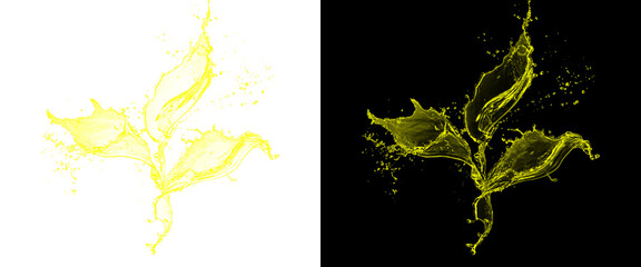 Orange liquid splash in leaf shape, dynamic citrus juice splashing, fresh fruit beverage burst isolated on white and black backgrounds © shamima