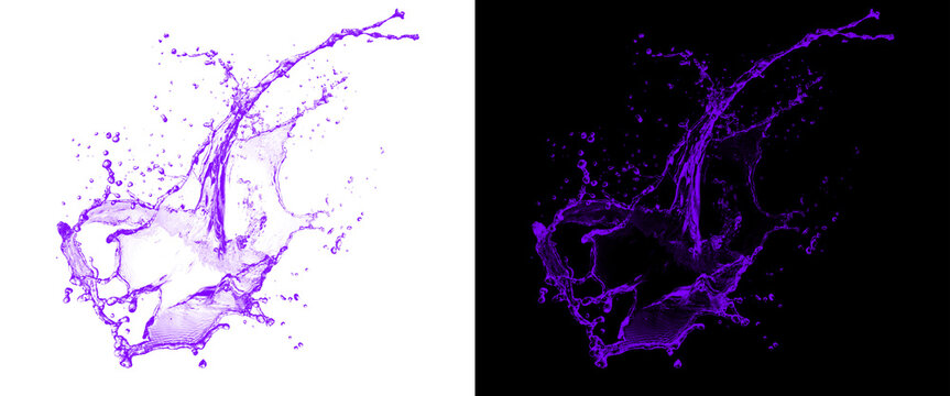 Purple liquid splash on white and black backgrounds, dynamic water crown explosion, violet paint splat design element