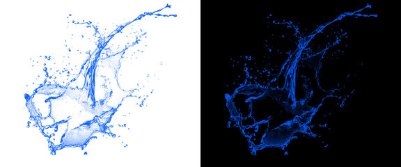 Obraz premium Dynamic blue water splash on white and black backgrounds, liquid crown splashing effect, fresh water droplets and spray
