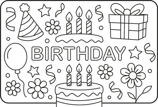Desenho animado de feliz anivers&aacute;rio, contorno desenhado &agrave; m&atilde;o, ilustra&ccedil;&atilde;o em estilo doodle para colorir, p&aacute;gina para crian&ccedil;as.