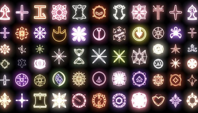 Ethereal glowing white symbols and mystical icons pattern