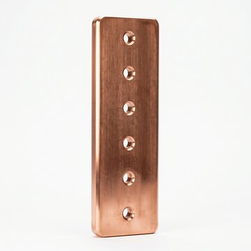 A rectangular copper plate with six evenly spaced holes drilled into it. 