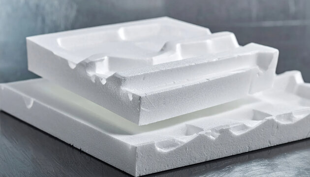 Close up view of stacked white styrofoam packaging material with interlocking shapes and textured surface