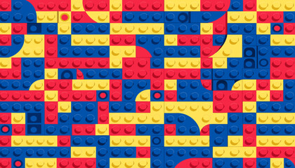 Fototapeta premium Bright multicolored LEGO bricks arranged in seamless geometric mosaic pattern for creative design backgrounds