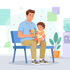 Fototapeta premium Father and Child Waiting Room Bonding: Father holding his baby, playing with a toy elephant in a brightly colored, modern waiting area.