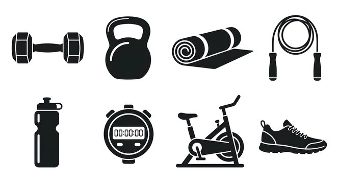 Flat lay fitness equipment icons set for workout training and gym lifestyle vector illustration