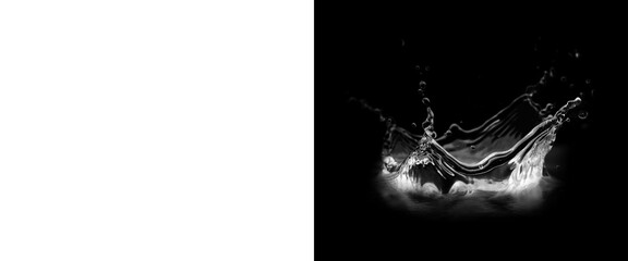 Obraz premium Dynamic water splash on black background, high speed liquid crown splash, pure water drop impact for product advertising