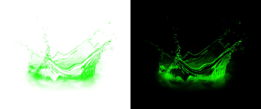Green liquid splash on white and black background, dynamic water crown splash, toxic lime juice droplet explosion
