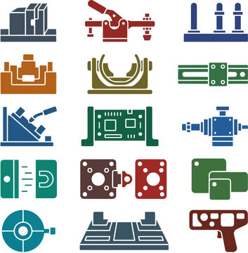 Set of industrial assembly jig and technical fixture icons