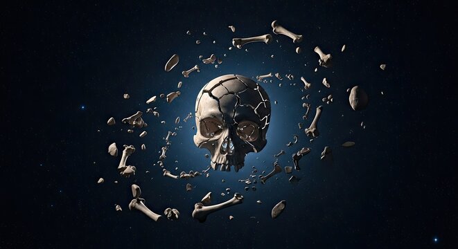 Skull explosion in dark background.