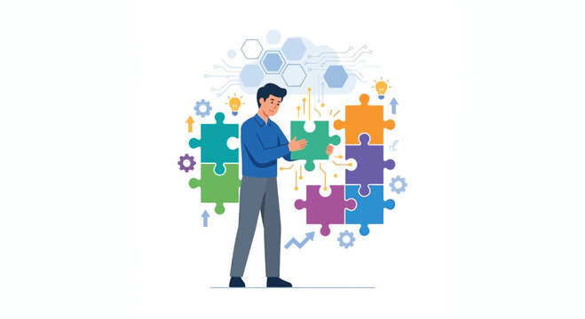 Professional IT consultant connecting puzzle pieces for software system integration flat vector element