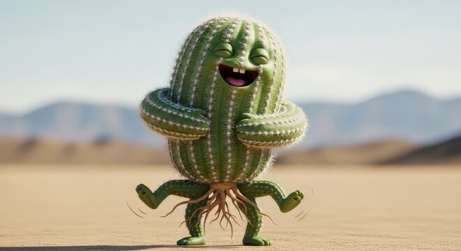 Smiling cactus cartoon in desert landscape.