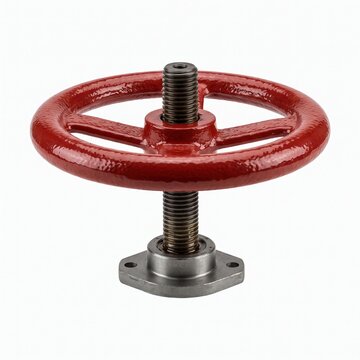 Red metal handwheel on threaded rod with mounting base. 