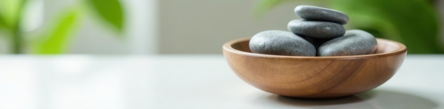 Polished grey spa stones in a wooden bowl on a white table, simple, wellbeing